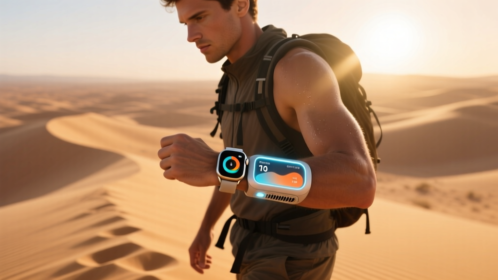 Desert hiker checking custom smartwatch face displaying skin temperature metrics while adjusting a wearable cooling gadget on opposite wrist