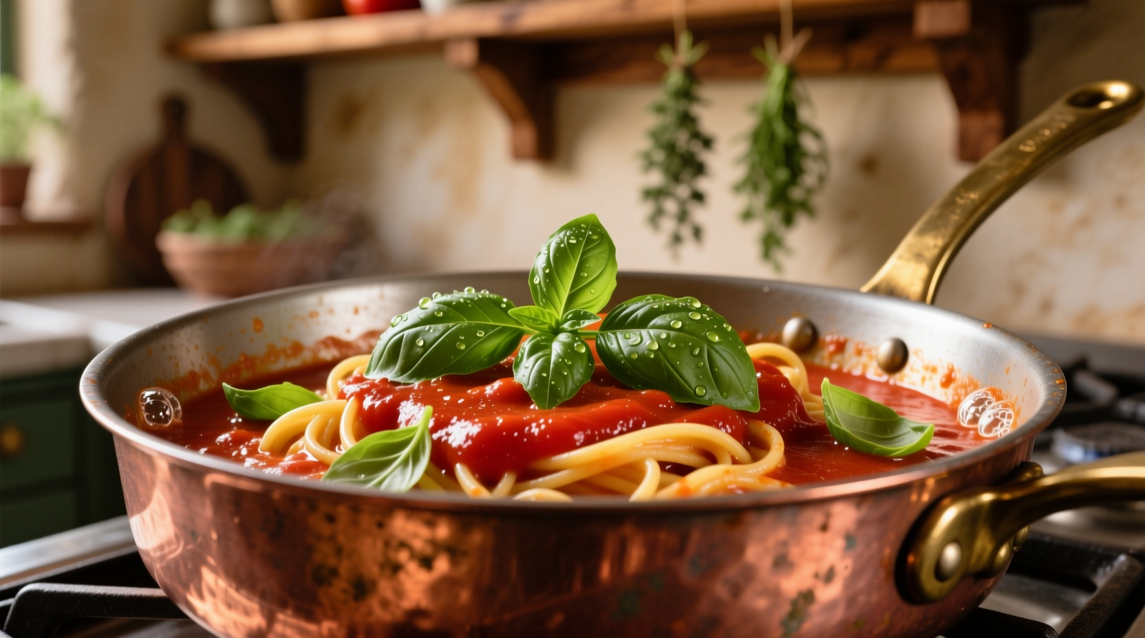 Tomato cream pasta sauce in copper pan with fresh basil