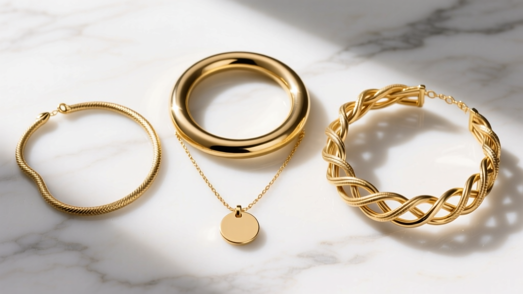 Flatlay of three gold hoop necklace styles on white marble: a solid torc, a snake chain with circle pendant, and woven wire collar