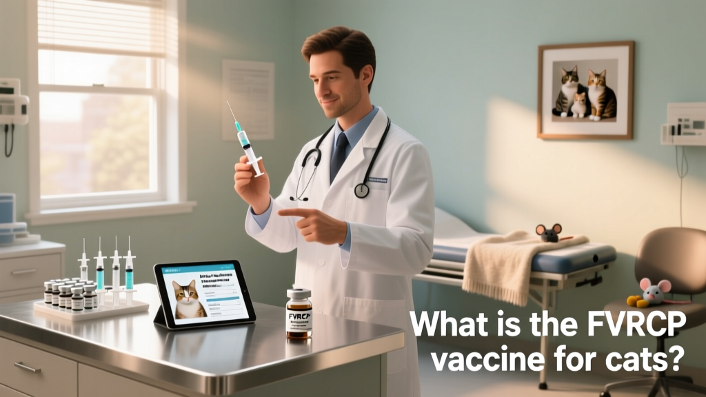 A clean, organized veterinary exam room with vaccine vials, syringes, and a digital record tablet visible on the counter