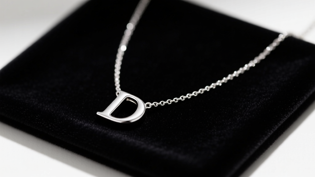 Elegant flat lay of a 925 sterling silver D initial necklace on dark velvet, soft directional lighting highlighting polished edges