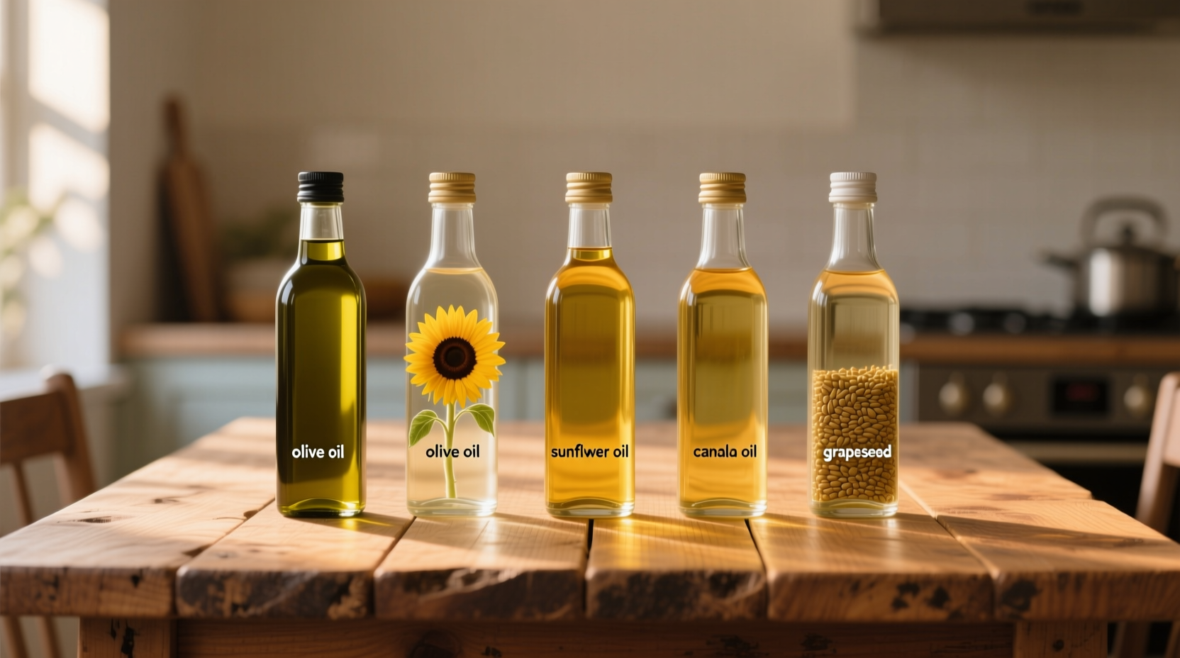 Various neutral cooking oils in glass bottles on wooden table