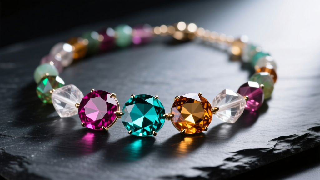 Macro photo of a vibrant colorful crystal necklace featuring faceted natural tourmaline and quartz beads resting on dark slate