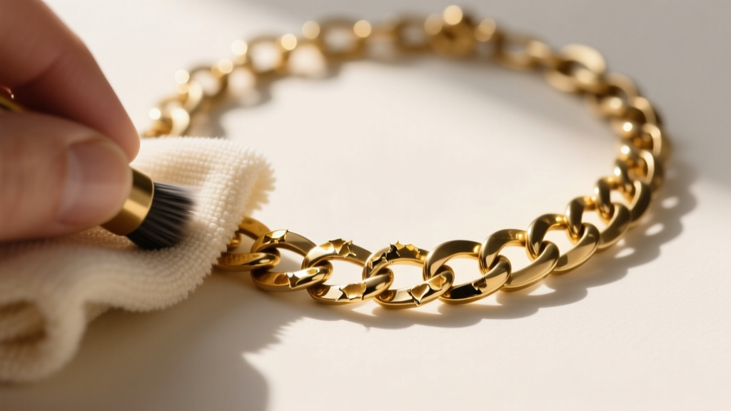 Soft microfiber cloth polishing a tarnished brass designer chain link necklace, revealing the bright gold plating underneath it