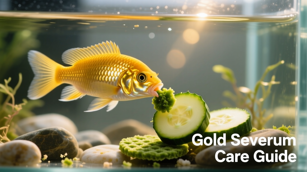 Close-up of a Gold Severum nibbling spirulina algae wafers alongside blanched zucchini slices in an aquarium