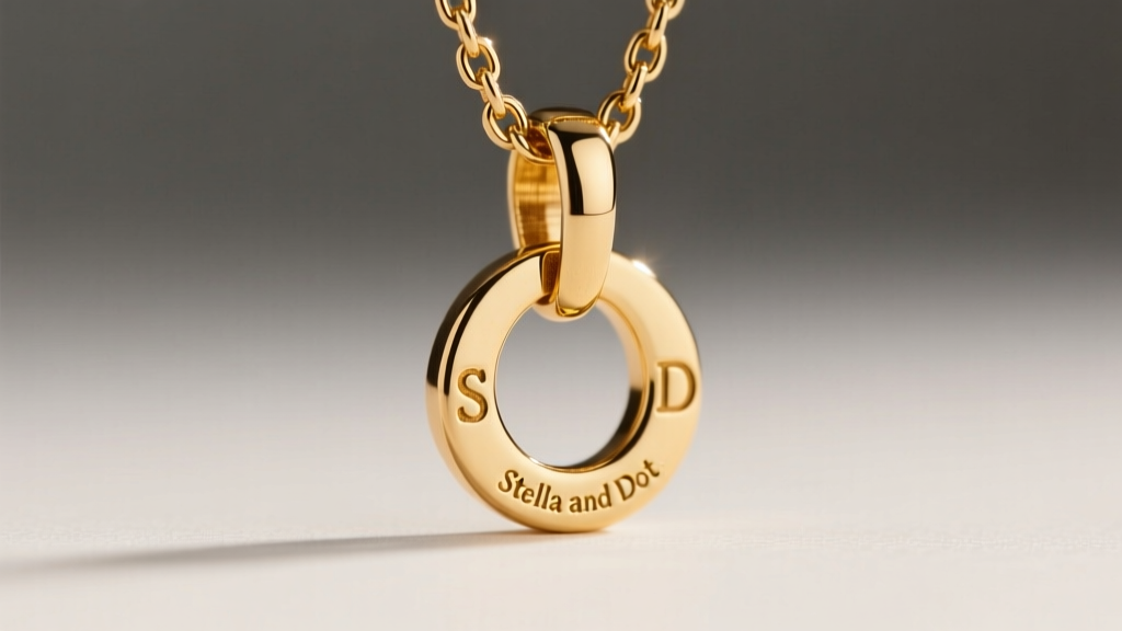 Close-up of a Stella and Dot pendant necklace clasp showing the tiny S and D hallmark stamp on the gold-plated brass jump ring