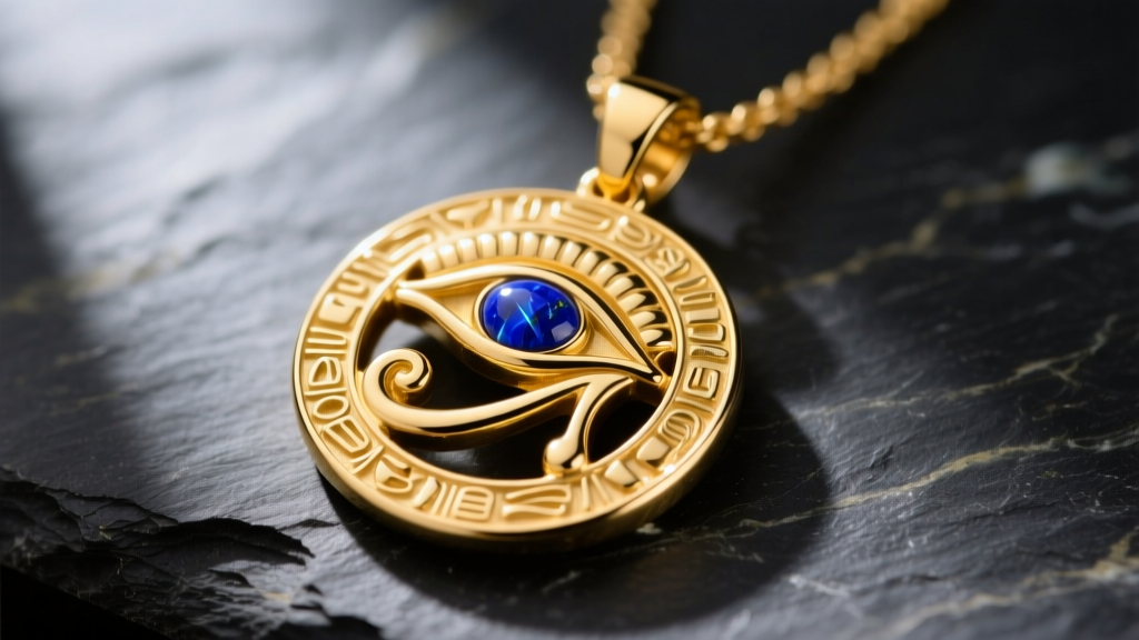 Macro shot of a solid 14k yellow gold Horus eye necklace pendant with deep blue lapis lazuli inlay, resting on dark slate