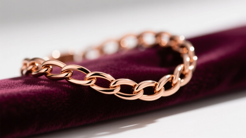 Close-up of an 18k rose gold bracelet on velvet, showing warm copper tones and pristine oxidation-free links in bright daylight