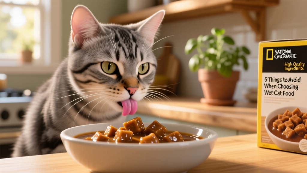 Close-up of a cat licking its lips while eating from a bowl of high-quality wet cat food