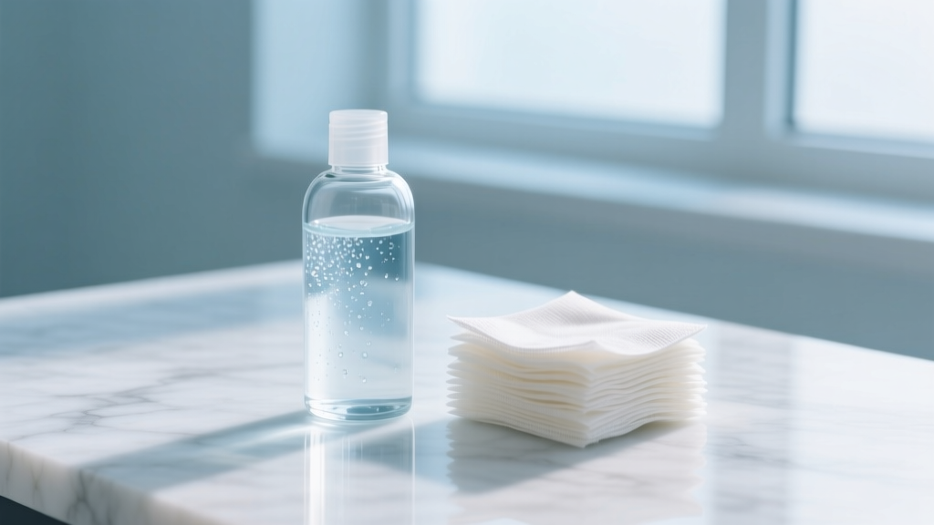 Glass bottle of saline wound wash and sterile gauze pads on a white marble surface, bright soft lighting, sharp focus, clean