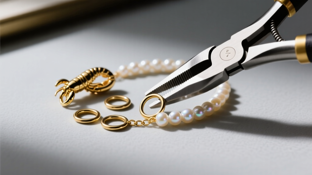 Workspace showing a 12mm gold-tone lobster clasp and 5mm jump rings attached to a pearl chain using flat-nose jewelry pliers