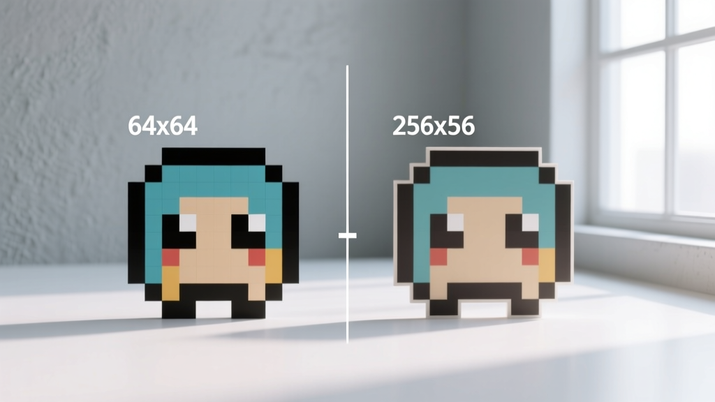 Side-by-side comparison showing a pixelated 64x64 sprite next to a cleanly upscaled 256x256 version using AI super-resolution