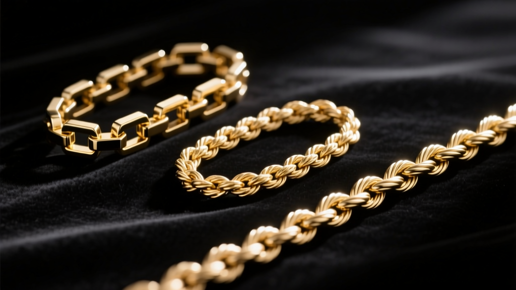 Macro photography of three distinct gold chain styles including a box chain, rope chain, and cable chain laid out on dark velvet
