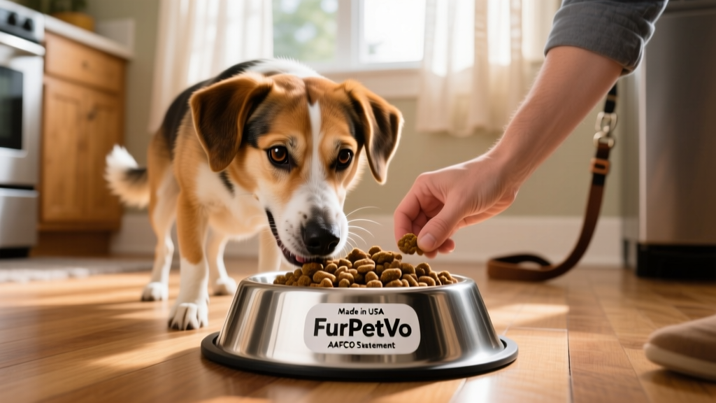 Happy dog eating from a stainless steel bowl filled with FurPetVo kibble, with a clear label showing 'Made in USA' and AAFCO statement
