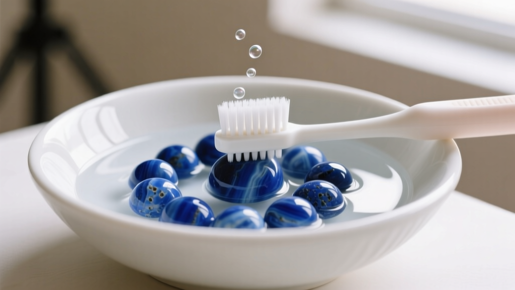 Soft baby toothbrush gently scrubbing porous lapis lazuli beads in a shallow white ceramic bowl filled with clear distilled water
