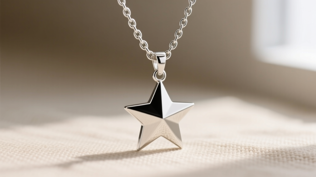 Macro shot of a sterling silver box chain passing through the soldered bail of a minimalist four-point star pendant.