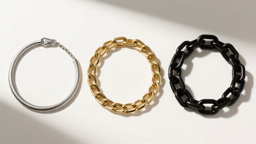 Flat lay comparison of three metal chains: a thin snake chain, a medium curb chain, and a thick flat-linked cosplay puzzle chain.