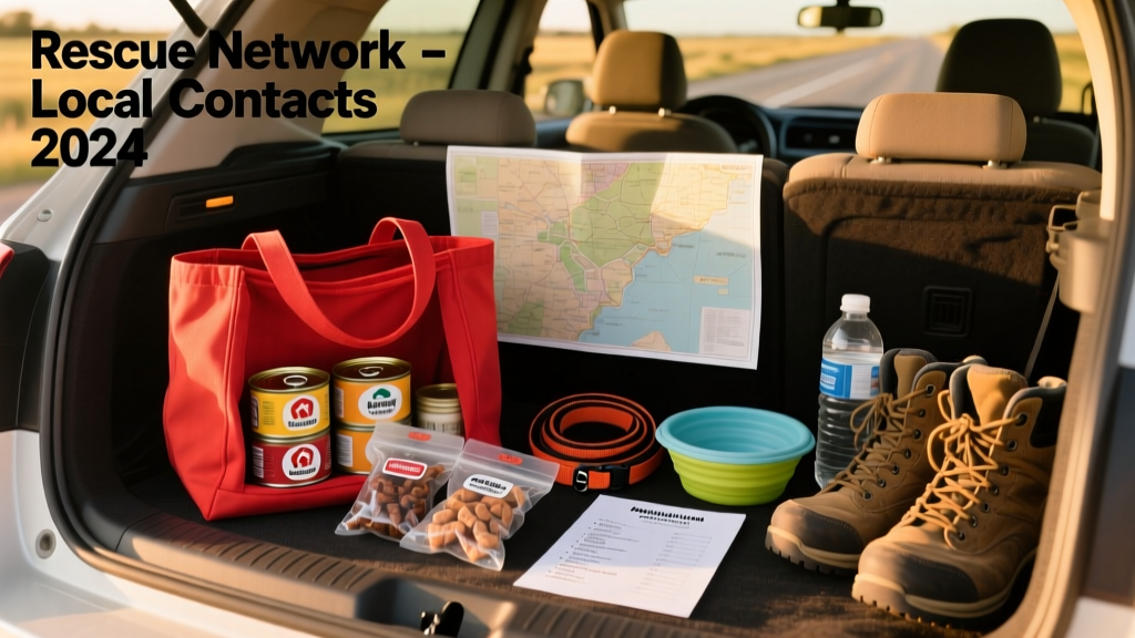 A neatly organized car trunk with a red tote containing wet food cans, treats, a slip lead, collapsible bowls, and a printed list of local rescue contacts