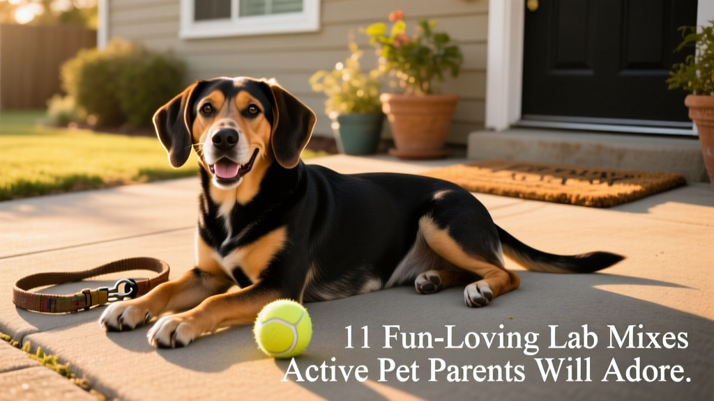 beagle labrador retriever mix with beagle head and lab body lying on a paved driveway