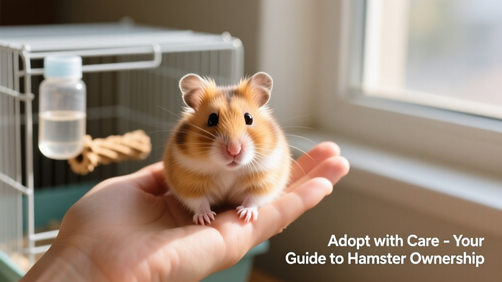 A calm hamster sitting on a gentle hand, with a clean cage visible in the background and natural light highlighting its fur