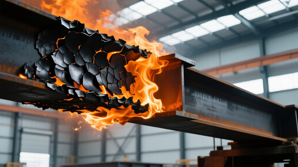Thick black intumescent char layer protecting a steel I-beam from an intense orange fire inside a modern commercial warehouse.