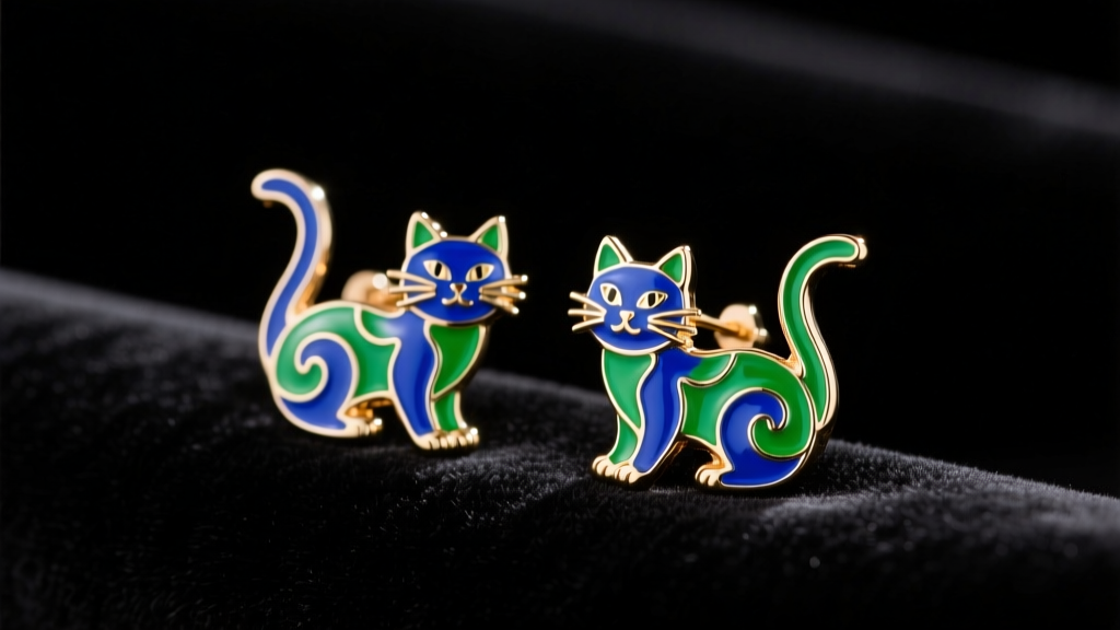 Close-up of vibrant blue and green enameled Laurel Burch cat earrings resting on black velvet under soft, warm studio lighting.