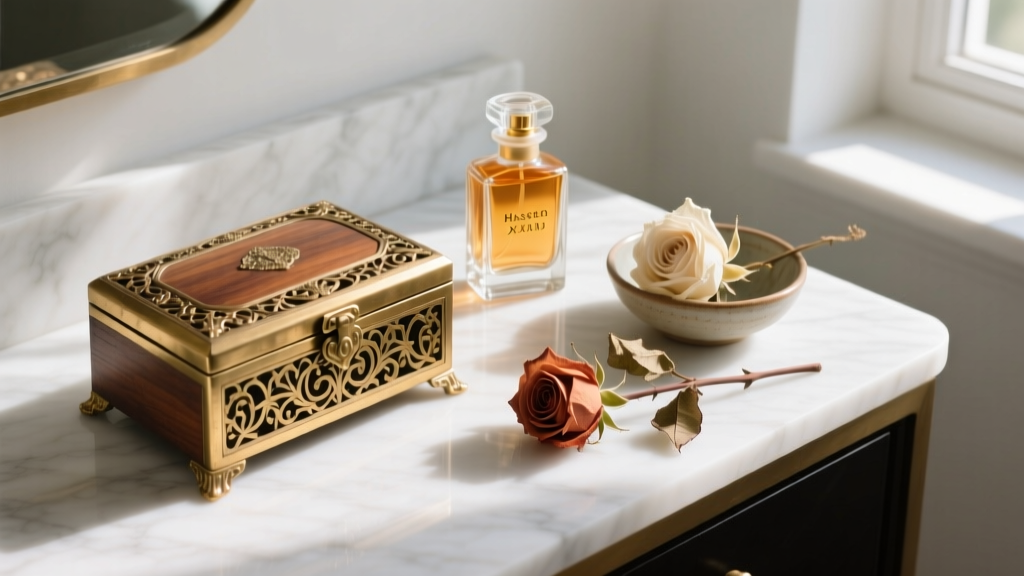 An antique jewelry casket styled on a modern marble vanity next to a vintage perfume bottle and dried roses, shot from above.