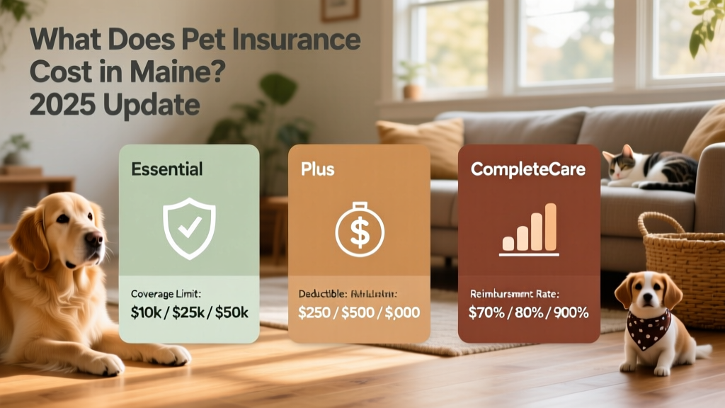 Infographic showing side-by-side comparison of three FurPetVo plan tiers: Essential, Plus, and CompleteCare—with icons for coverage limit, deductible, and reimbursement rate