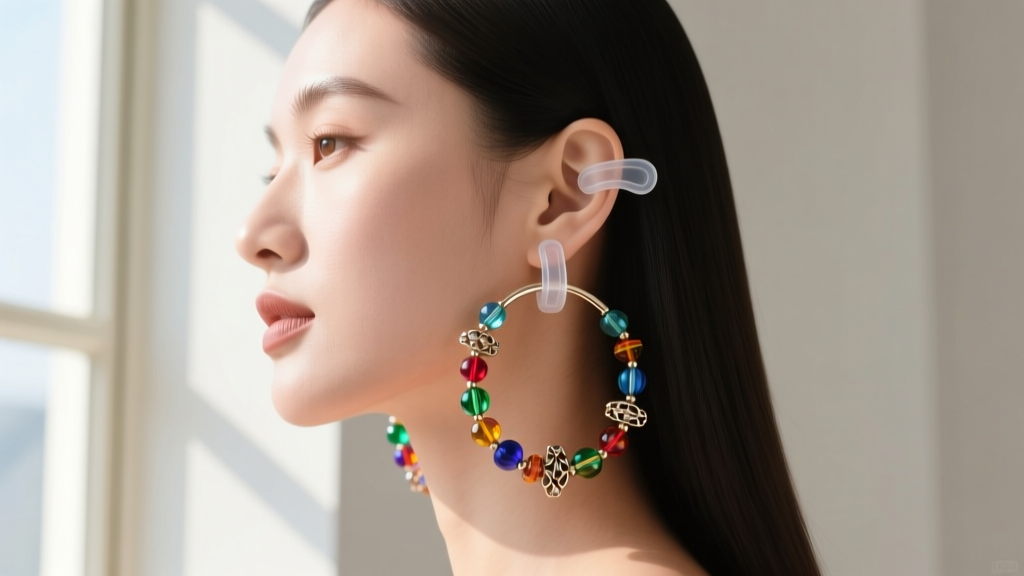 Side profile of a woman wearing large beaded hoops supported by clear silicone earlobe stabilizers to prevent ear stretching.