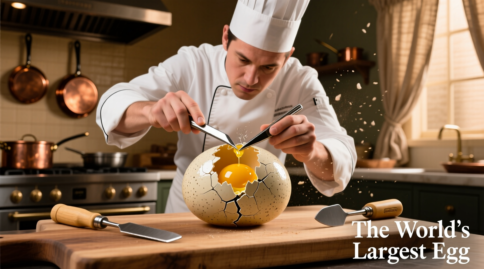 Chef cracking ostrich egg with specialized tools