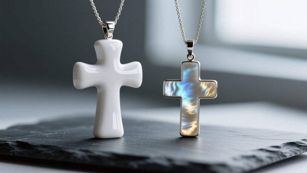 Macro photography comparing a glossy white ceramic cross pendant and a matte mother-of-pearl cross pendant resting on dark slate