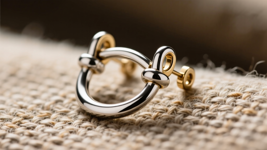 Macro shot of a vintage silver-tone Ralph Lauren snaffle bit drop earring on tweed fabric, showing silver plating and brass base.