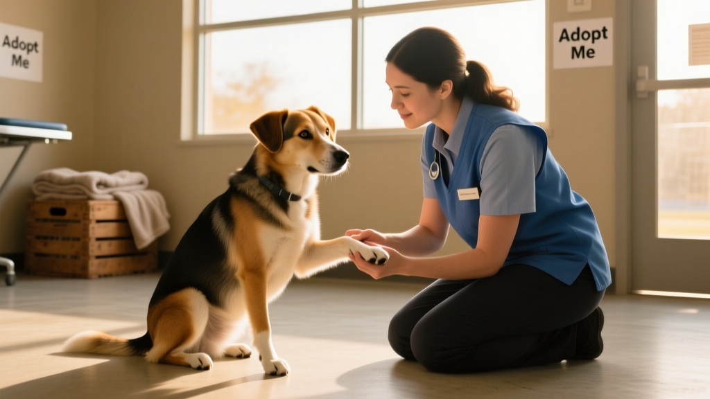 A calm, well-groomed dog sitting beside a shelter staff member during a wellness check