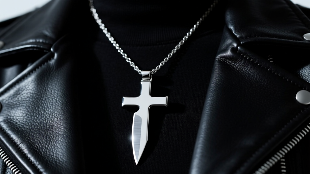 Polished 316L stainless steel knife cross necklace on black leather jacket, moody studio lighting, sharp focus on blade edge.