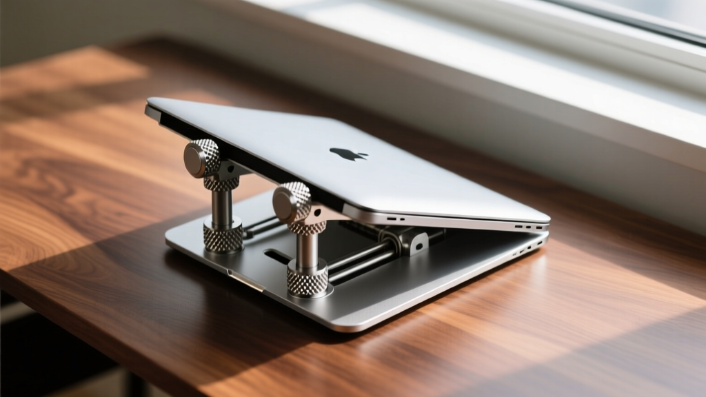 Overhead shot of a machined aluminum MacBook dock with knurled metal connectors and a mechanical ratcheting laptop stand on a walnut desk