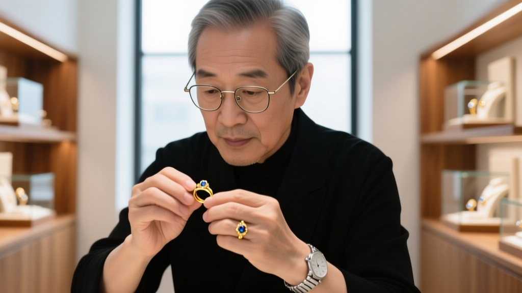 Close-up of a jeweler's loupe examining a worn 14K stamp on the post of a vintage floral gold earring under bright bench lighting.