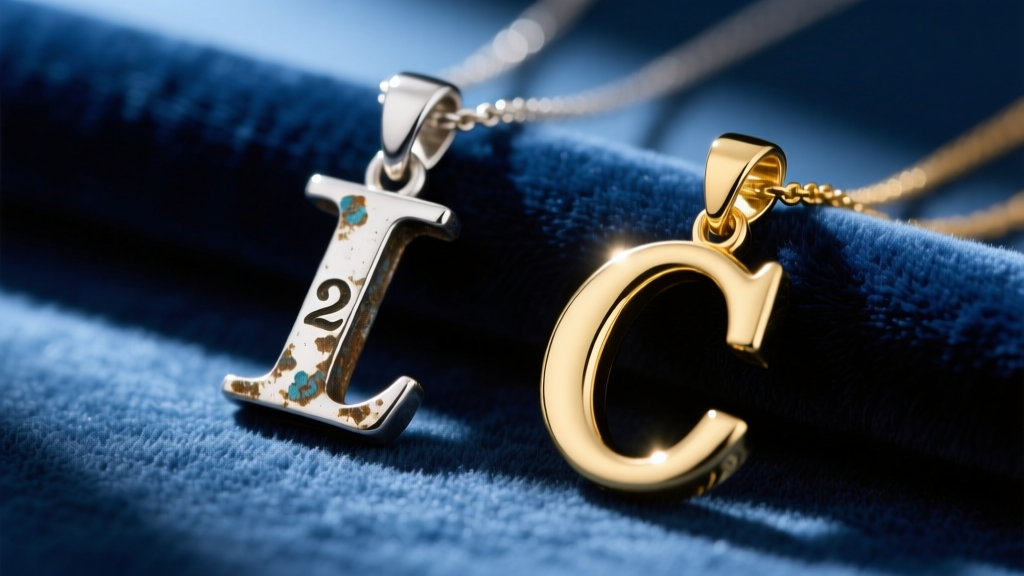 Side-by-side view of a tarnished 925 silver initial pendant and a polished 14k gold initial pendant resting on dark blue velvet.