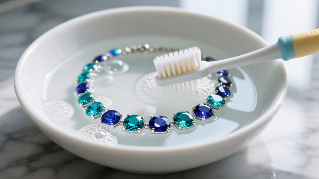 A soft-bristled baby toothbrush gently scrubbing a multi-color sapphire tennis necklace in a bowl of lukewarm soapy water.