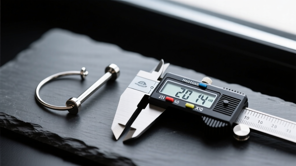 A 20-gauge steel earring wire and a 14-gauge titanium barbell resting on dark slate, measured precisely by a digital caliper.