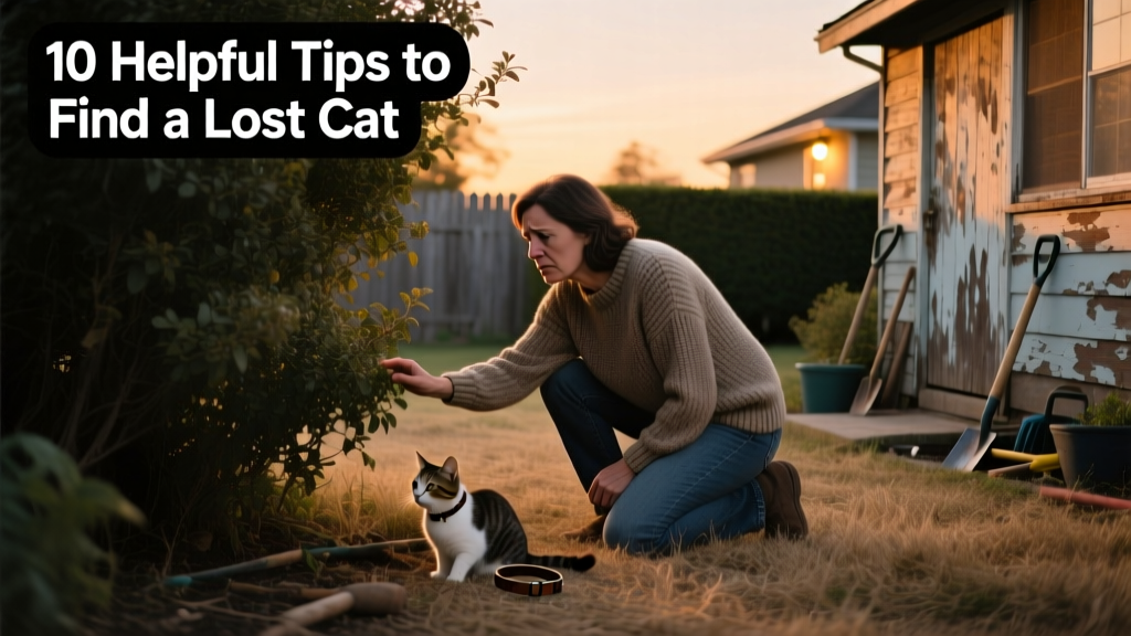 A person carefully searching under bushes and near sheds in a quiet suburban backyard at dusk