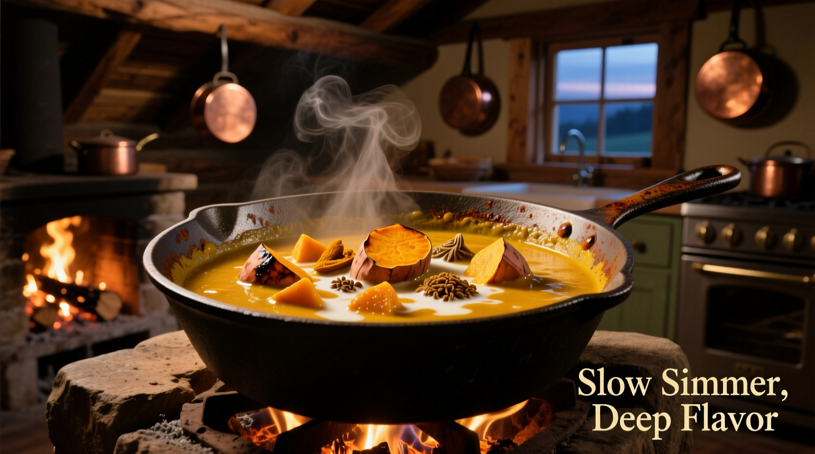 Golden sweet potato curry simmering in cast iron pot