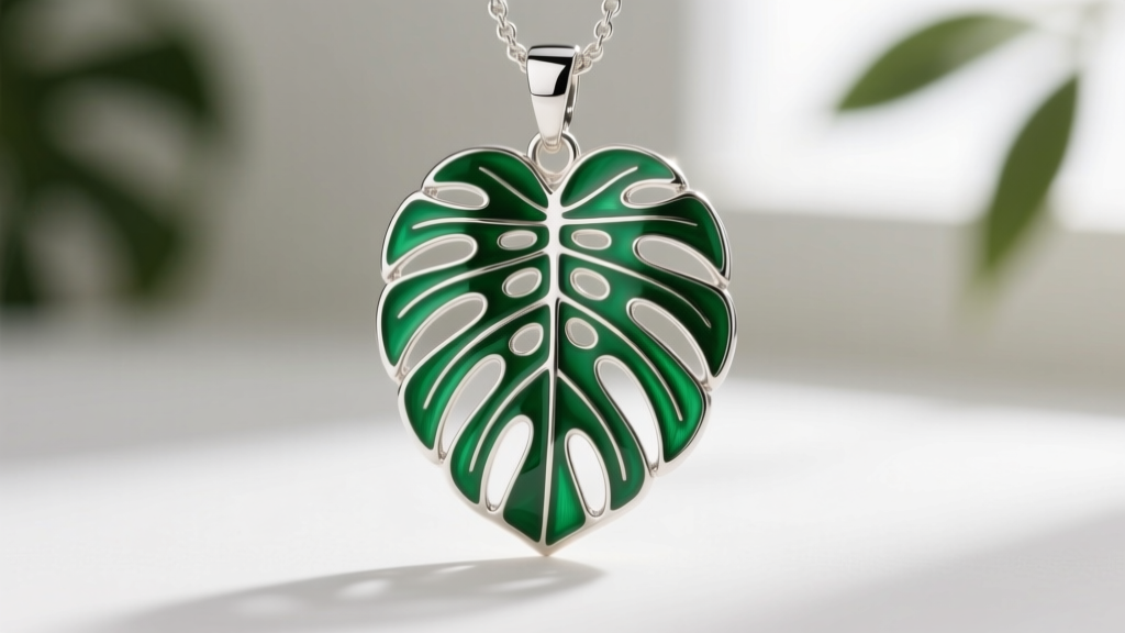 Macro shot of sterling silver monstera pendant with vibrant green champlevé enamel, showing fenestrations and natural leaf splits.