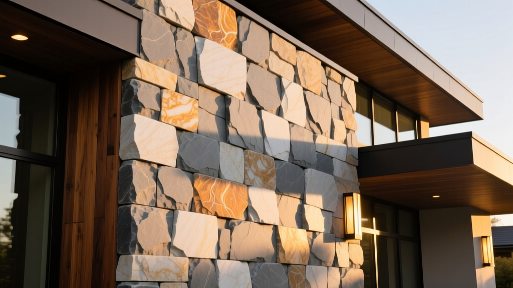 Natural quartzite ledgestone veneer from Creative Mines on a modern exterior facade with dark timber accents and warm lighting