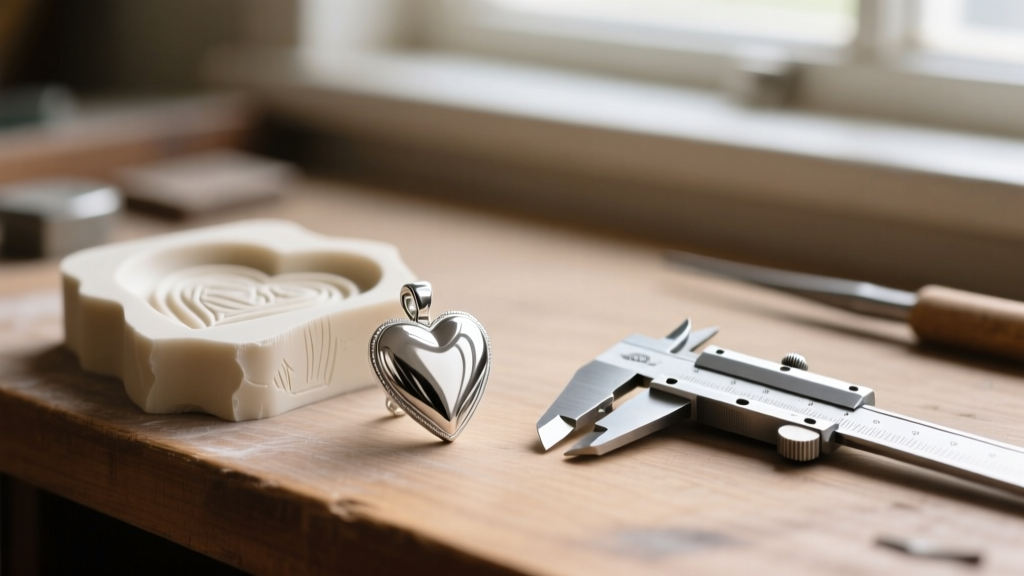 Jeweler workbench displaying a die-struck silver heart pendant beside a raw wax casting mold and precision steel calipers.