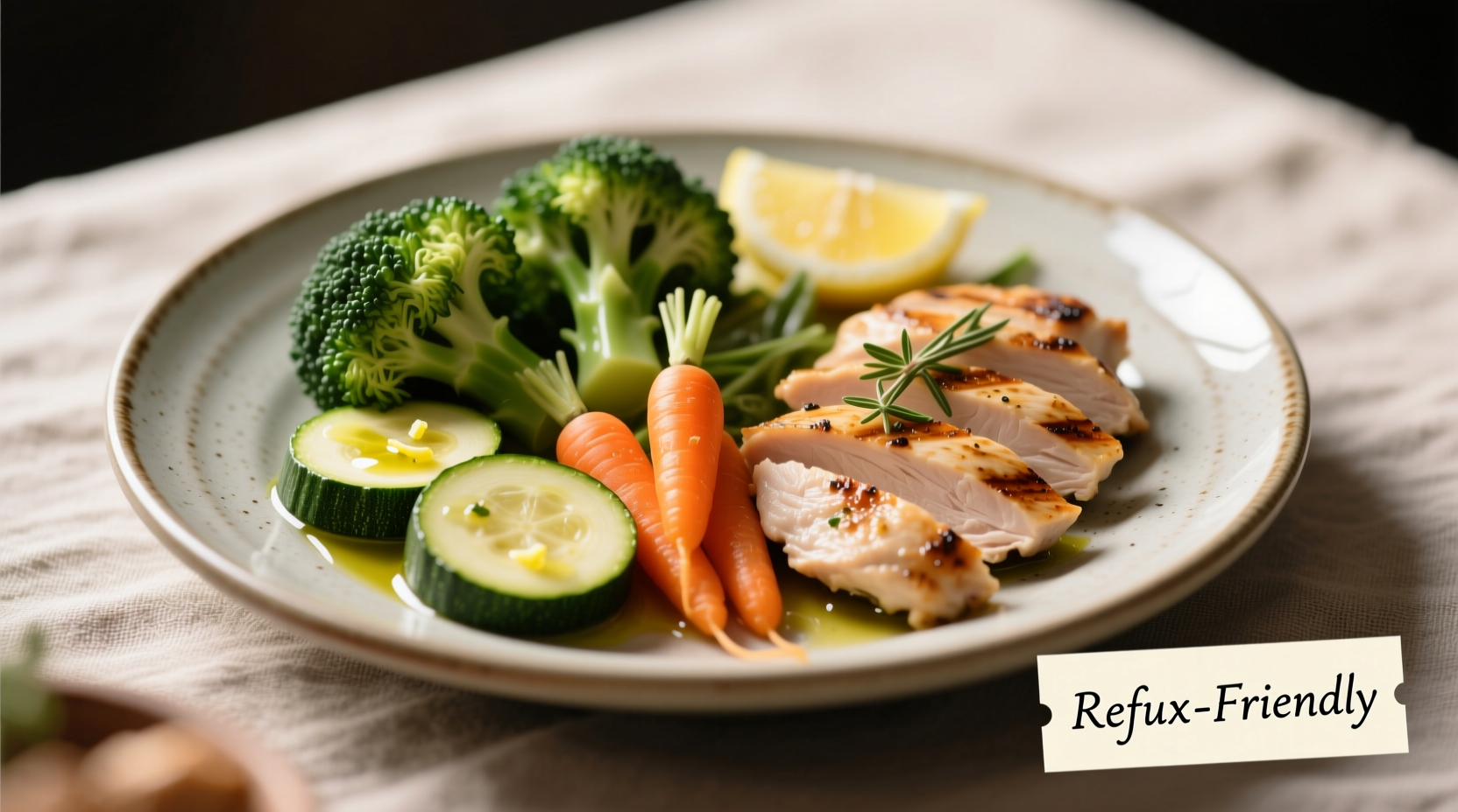 Plate of reflux-friendly foods with vegetables and lean protein