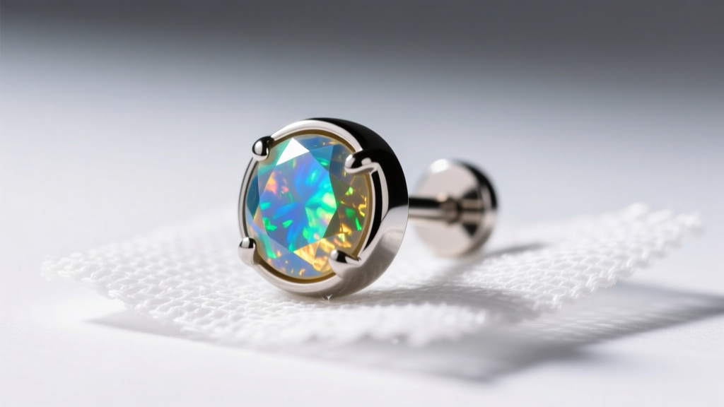 Macro shot of a titanium flat-back labret earring with an opal, resting on sterile gauze under bright, clean studio lighting.