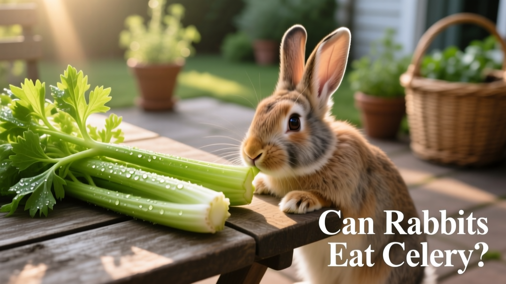 A close-up of fresh, crisp celery stalks and leaves beside a curious rabbit sniffing them