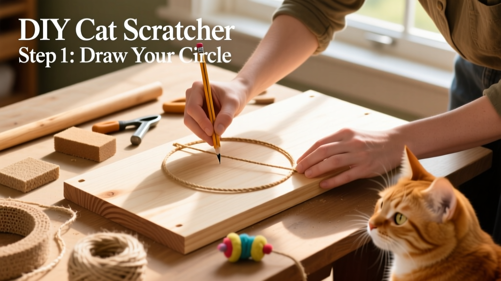 diy cat scratcher how-to step a drawing a circle onto wood using pencil and string