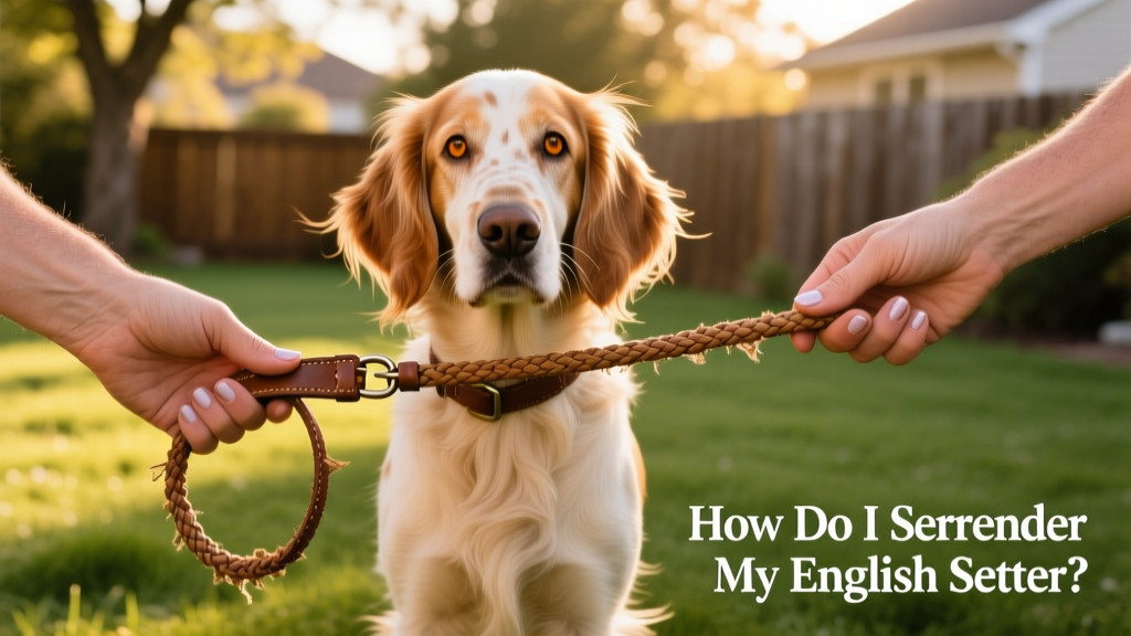 Two hands gently holding a leash attached to a calm, attentive English Setter, symbolizing trust and transition