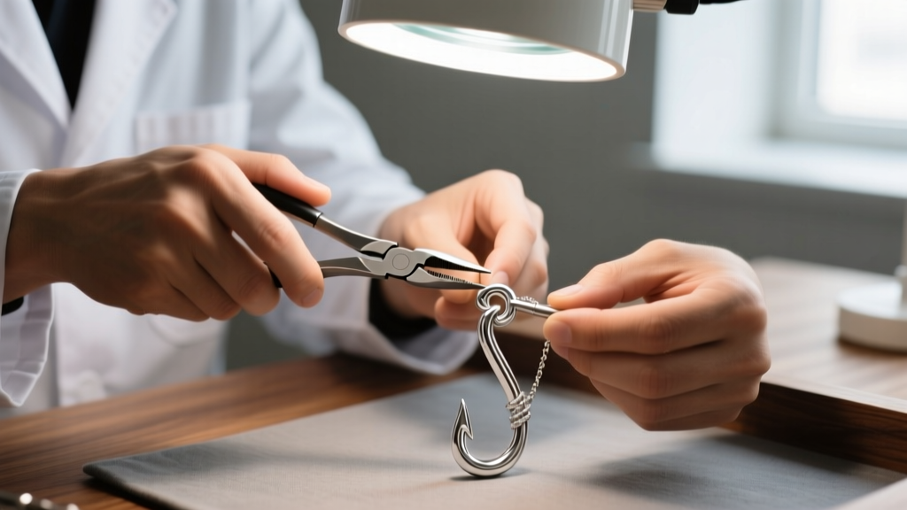 Jeweler using flat-nose pliers to adjust tension on a sterling silver fishhook necklace clasp under a bright magnifying lamp.